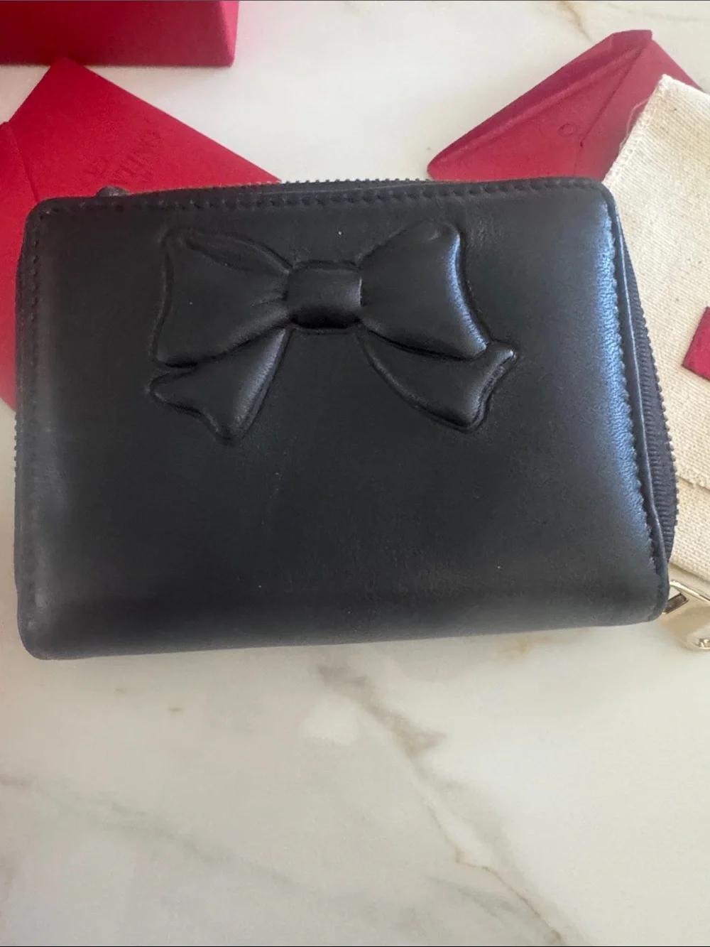 Valentino Black Leather Bow Zip wallet new